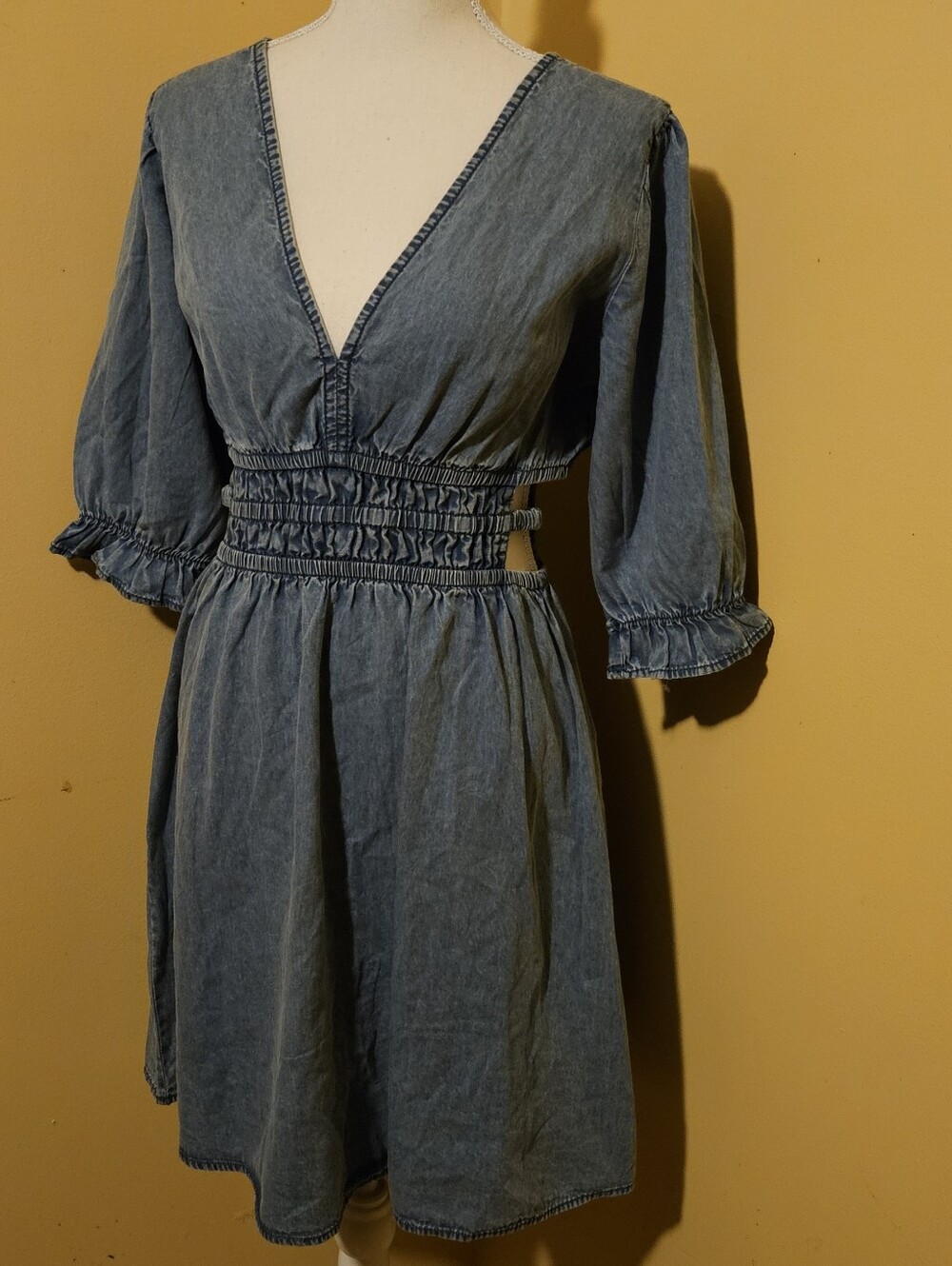 Denim-Style Smocked Waist V-Neck Mini Dress in Denim Blue